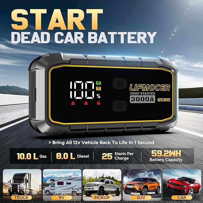 GS300 Car Jump Starter,3000A Portable Battery Jumper Starter for Up to 10.0L Gas & 8.0L Diesel Engines,59.2WH 12V Jump Box with Storage Case,USB Quick Charge,LCD Display,for Cars,Motorcycles,Trucks