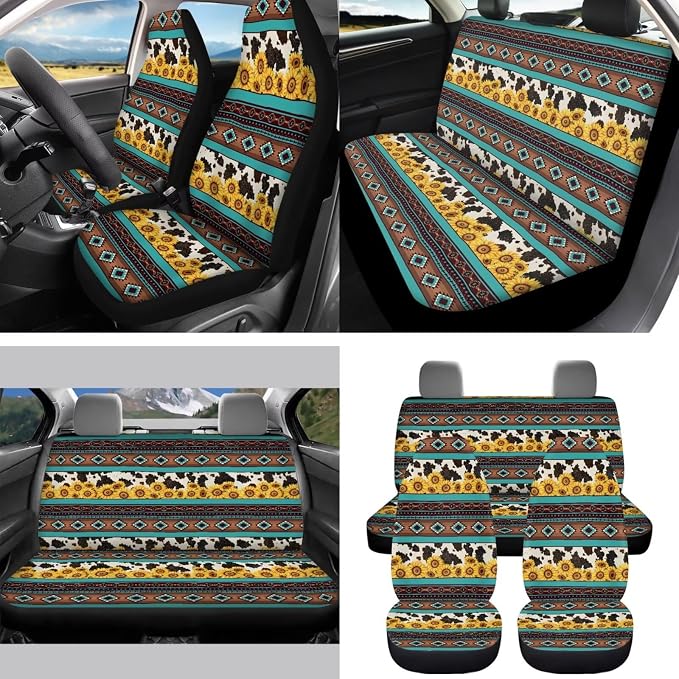 Aztec Sunflower Cowhide Car Seat Covers Set of 15 with Universal Steering Wheel Cover, Rearview Mirror Cover, Car Trash Can, Seatbelt Pads, Cup Holder Coasters, Keychains