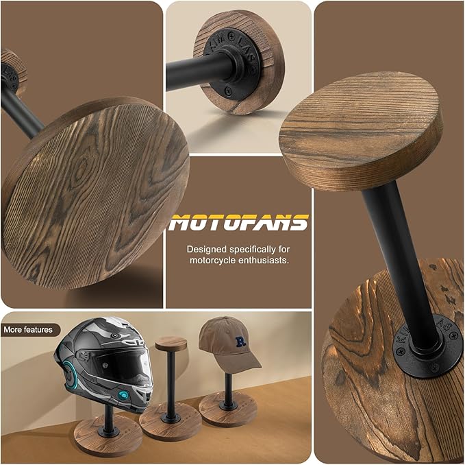 motofans® Industrial style helmet stand, Rustic Burnt Solid Wood and Black Metal Pipe Cap and Wig Display Stand(2pcs)