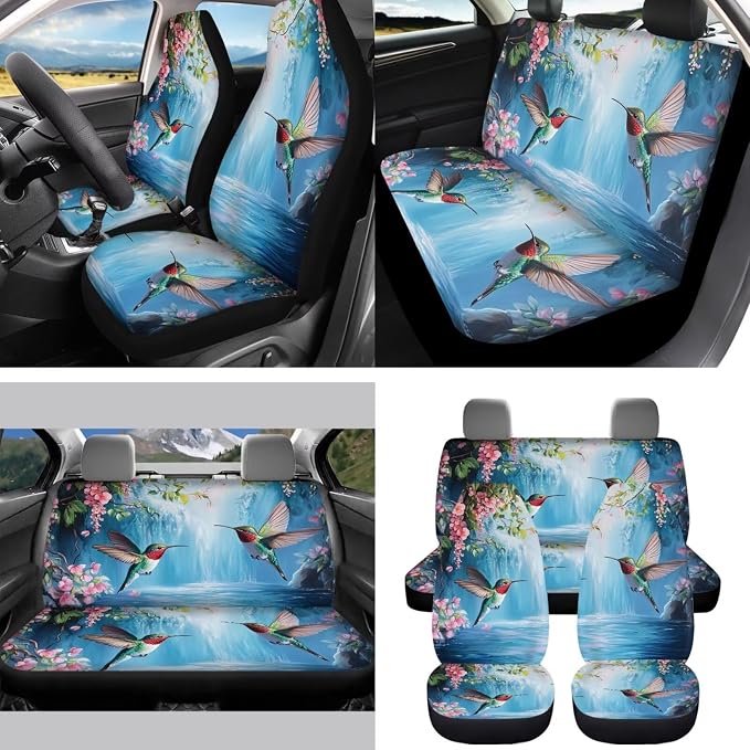 15 Pcs Blue Hummingbird Floral Car Seat Cover Full Set for Women with Car Steering Wheel Cover Seat Belt Cover Trash Bin Front Rear View Mirror Car Cup Holder Keychain