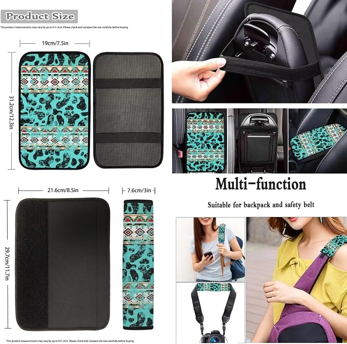 Dreaweet Turquoise Aztec Cow Print Car Seat Covers Full Set with Steering Wheel Cover/Seat Belt Pad/Armrest Covers/Cup Coasters/Handbrake Cover/Gear Shift Knob Handbrake Cover,12 Pcs Set,Universal