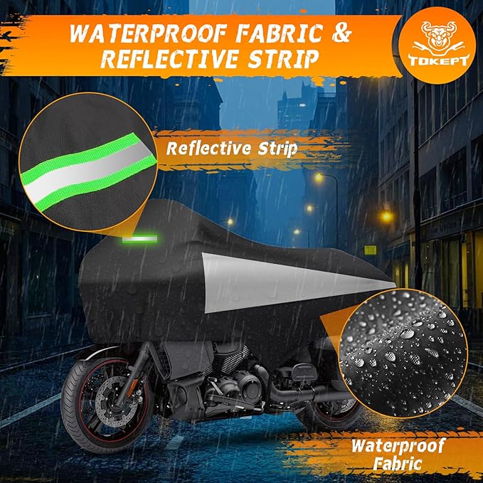 Motorcycle Half Cover with Elastic Hook and Reflective Strip Waterproof Dustproof Sunproof at All Seasons Suitable for Touring Models Road King Street Glide Road Glide and More (Black&Silver)