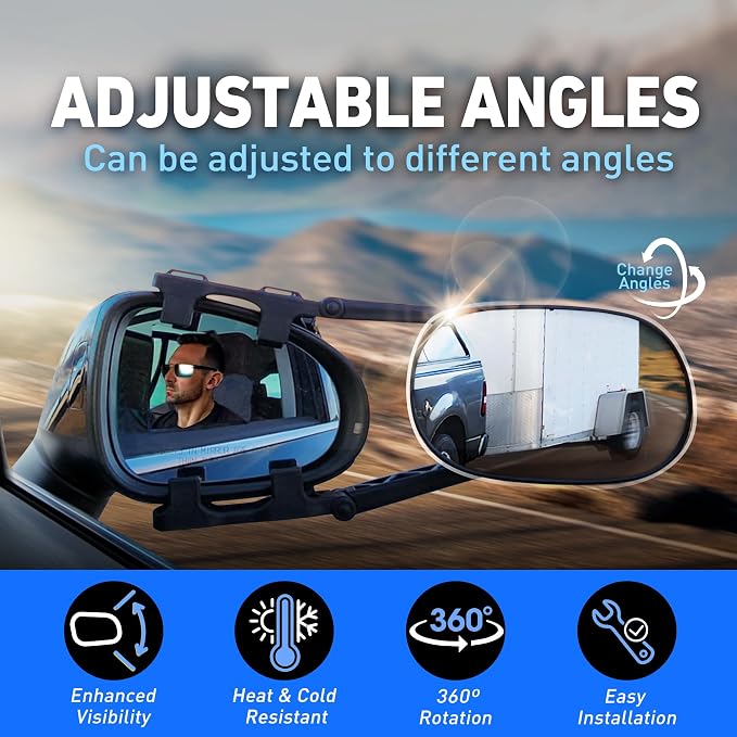 MG91 Dual-Arm Towing Mirrors for Trucks, SUVs, RVs & Trailers | Dual-arm support with extra securing straps and a rubber strap helps reduce vibration on highways and rough roads. Black.