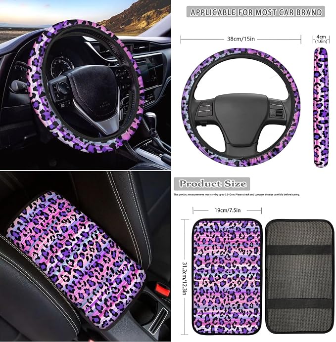 18 Pcs Purple Leopar Print Car Seat Cover SUV Full Set Cheetah Print Steering Wheel Cover+Center Console Pad+Armrest Cover+Seat Safety Belt Pad+Seatbelt Covers+Cup Mats+Keychain