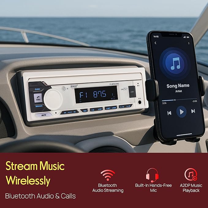 Pyle Marine Radio Single DIN Receiver – Bluetooth Wireless Streaming, AM/FM Tuner, USB/AUX MP3 Playback, Hands-Free Calling, Remote Control, RGB Buttons, Splash-Resistant Stereo Upgrade