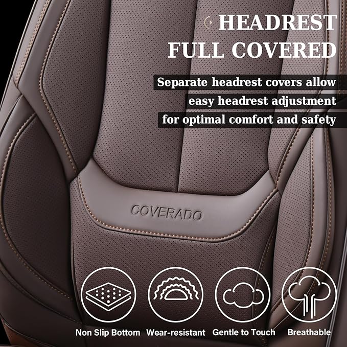 Coverado Front and Back Seat Covers, Waterproof Nappa Leather Auto Seat Protectors Full Set with Head Pillow, 5 Pieces Universal Car Accessories Fit for Most Sedans SUV Pick-up Truck, Brown