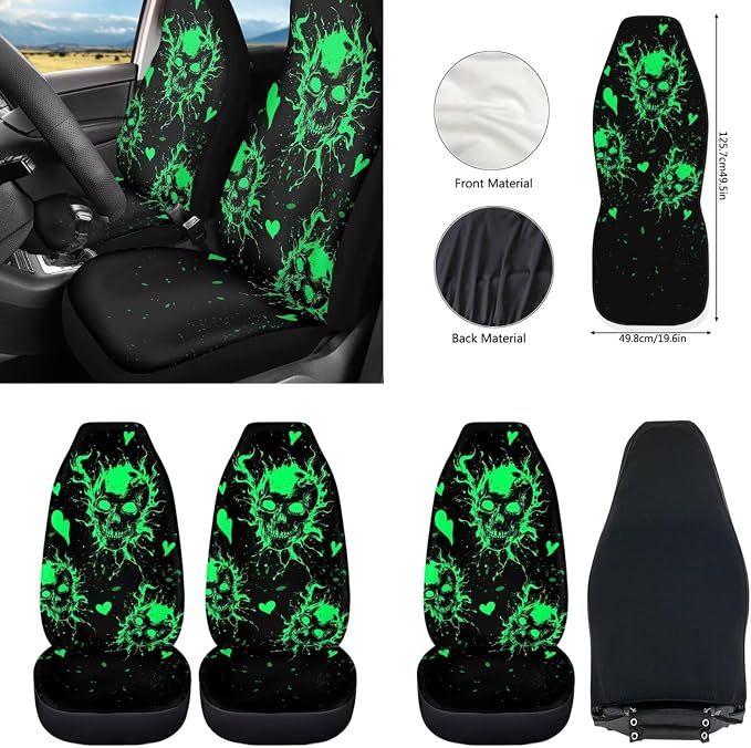 Howilath Green Glowing Skull Front Car Seat Covers Set with Interior Accessories Steering Wheel Cover/Seatbelt Pads/Keychain/Armrest Cushion/Coasters Fit Sedan Truck Van - 10 Packs