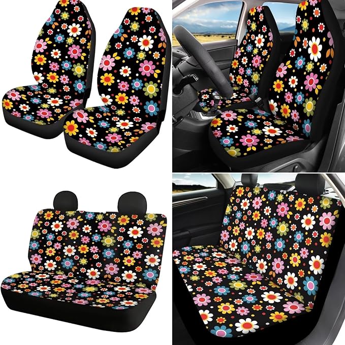 18Pcs Groovy Flower Car Seat Set - Steering, Headrest, Console, Handbrake, Seat Belt, Coaster & Keychain Covers
