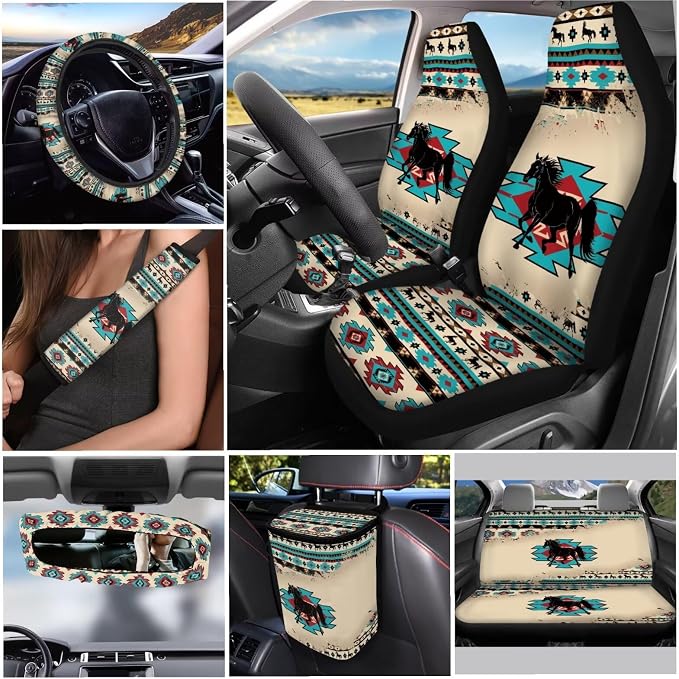 Car Seat Covers Set 12 Pieces Aztec African Tribal Horse Seat Belt Pad Cover Steering Wheel Cover Car Trash Can Rear View Mirror Cover Coasters Keychain Holder Keychains