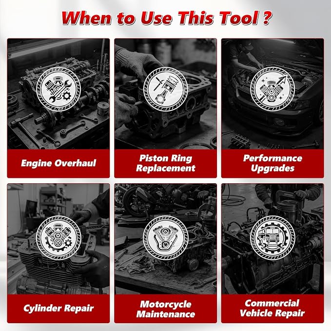 Engines Piston Ring Compressor Tool with Ratchet Pliers & 6 Piston Rings (2-7/8“ - 4-3/8”) Installation and Removal Kit for Car, Truck & Motorcycle Engines