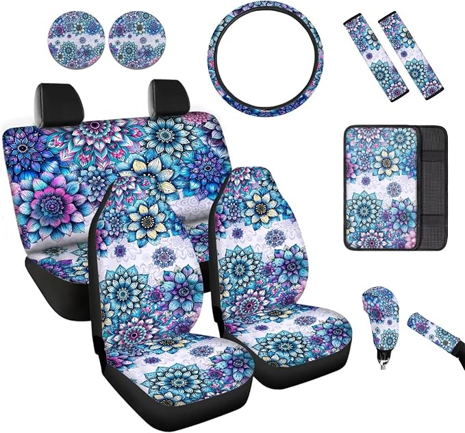 BIGCARJOB Purple Lotus Car Seat Cover Full Set 12 Pieces Hippie Lotus Steering Wheel Cover,Car Handbrake Cover,Gear Shift Cover for Womens Girls Cute Car Interior Accessories Boho Lotus Printed