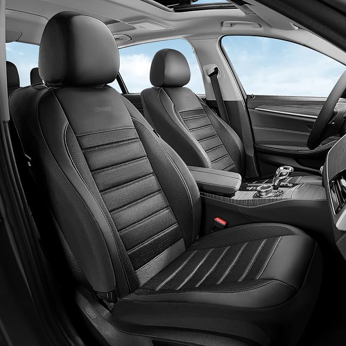 Coverado Car Seat Covers Front Seats Luxury Leather Automotive Mesh 2 Pack Airbag-Compatible Universal Fit Seat Protector Seat Cushion for SUV Sedan Truck Black