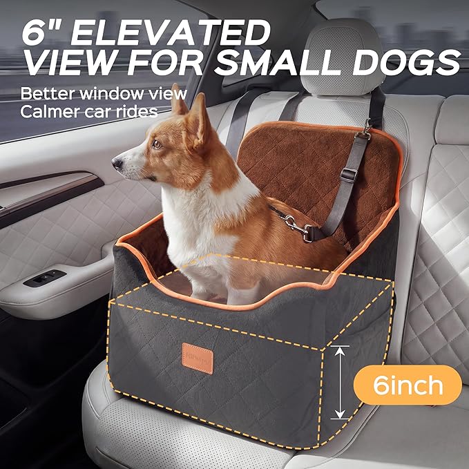 Dog Car Seat for Small Dog with Washable Mat, Memory Foam Booster Seat for Dogs Under 30lb, 6" Elevated Pet Seat with Pockets, Anti-Slip Bed for Car, Perfect for Front & Back Seats with Safety Leash