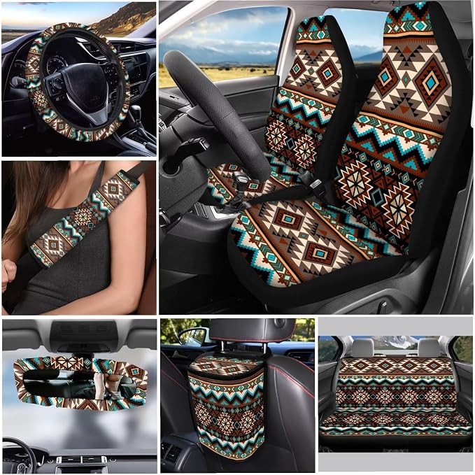 Aztec Car Accessories Set 12 Pcs Steering Wheel Cover Car Seat Belt Cover Car Trash Can Car Rear View Mirror Cover Car Cup Coasters Keychain Holder Keychains Car Interior Automotive