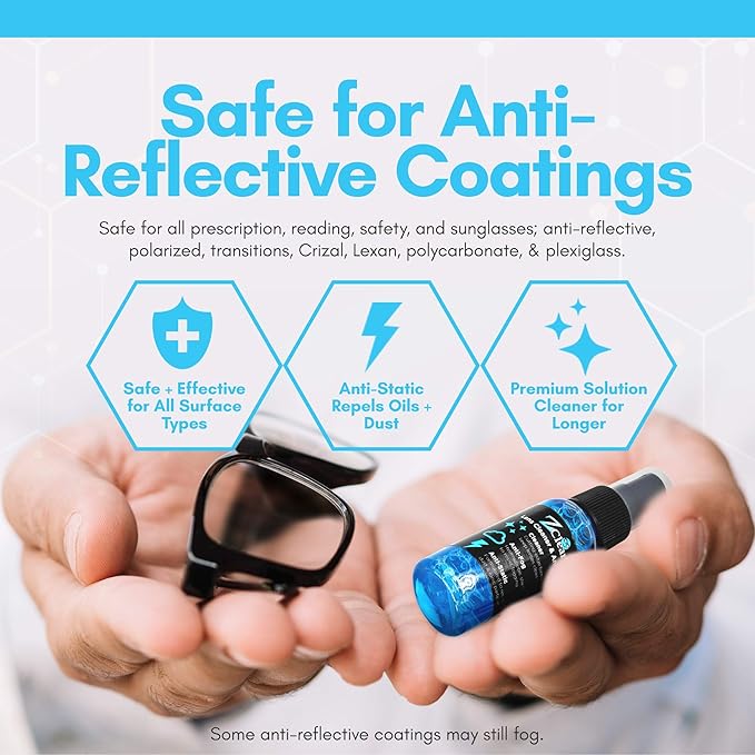 Combo pack 1oz Anti Fog Spray & microfiber for Eye & Sunglasses - Anti Static Glass & Lens Cleaner - Remove and Repel Dirt & Dust - Fog Free Cleaning Spray for Glasses- 1oz spray and towel