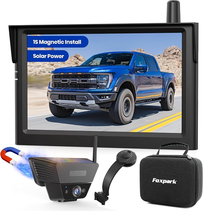 Solar Magnetic Wireless Backup Camera with a Bendable Suction Cup Bracket: Place the Monitor Anywhere You Want Without Obstructing Your View, 1080P HD Quality, and Receive Reliable Customer Service