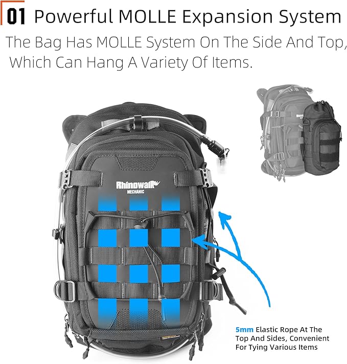 Rhinowalk Motorcycle Tank Bag Travel Luggage Motorcycle Backpack with 1.5L Water Bladder MOLLE System Fits Honda Yamaha Suzuki Kawasaki Harley-Black