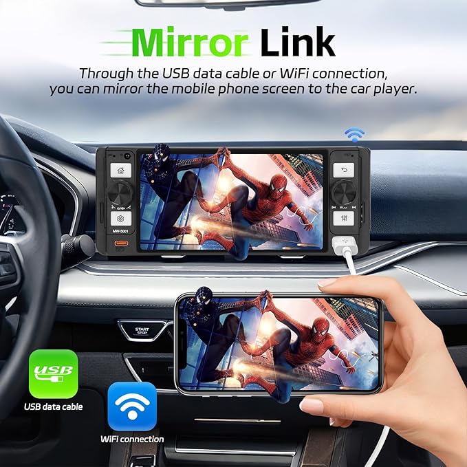 Single Din Radio Car Stereo with Wireless Apple Carplay & Android Auto, 5.7" IPS Touchscreen Car Stereo with Bluetooth 1080P Backup Camera Mirror Link Navigation Type-C Fast Chaging USB FM/AM EQ Mic
