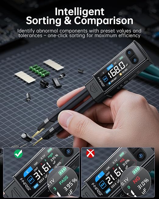 FNIRSI LCR-ST2 100kHz LCR ESR Meter Tweezer, SMD & Through-Hole Component Tester, Auto Sort Compare, Resistor, Inductor, Diode, Capacitor Tester, Measures Voltage & Continuity, Full-Band Scan