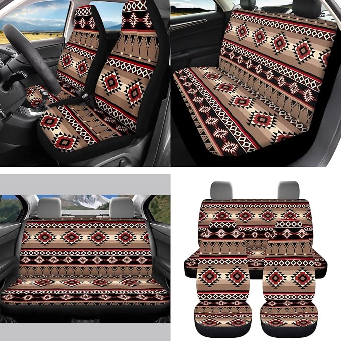 Brown Geometric Aztec Print Car Seat Covers Full Set Front Back Split Bench Protector Car Steering Wheel Cover Seatbelts Pads Coaster Keychains Universal Fit Truck, SUV, or Van Forest Hunting