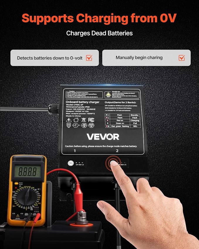 VEVOR 2 Bank Marine Battery Charger, 10A (10A/Bank) 12V Onboard Boat Charger, IP68 Waterproof Smart Battery Charger for Lithium LiFePO4, NCM, Lead-Acid Batteries, Large Boat, Yacht, RV, Trailer