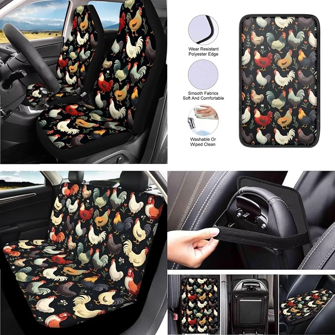Retro Rooster 13 Pcs Universal Car Seat Covers Set Vintage Rural Rooster Print Steering Wheel Cover Cup Coasters Hen Chicken Trucks Sedan SUV Cover Armrest Cushion Pad