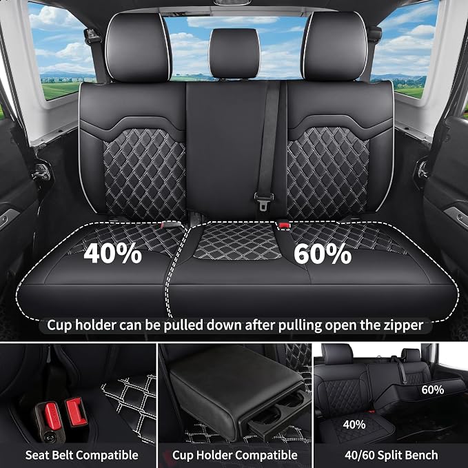 Huidasource F250 Leather Car Seat Covers Fit for Ford F150 2015-2026 & F250 F350 F450 2017-2026 Crew Cab XL XLT Lariat King Ranch Platinum, Front &Rear FullSet Seat Cushion Covers, Black&White
