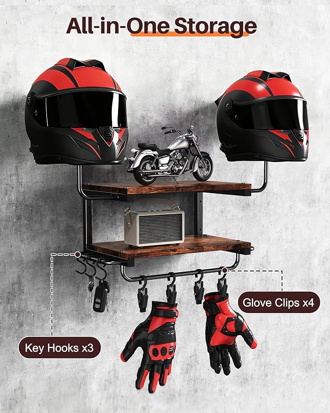 Motorcycle Helmet Holder Wall Mount, 2-Tier Helmet Rack with 2 Hat Stands, Motorcycle Accessories Gear Storage Organizer Display for Men Jackets, Caps in Garage, Living Room (Rustic Brown)