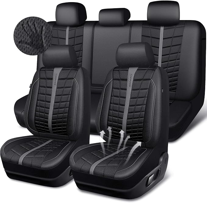 CAR PASS 3D Foam Mesh Leather Car Seat Covers Full Set, Breathable Premium Leather Seat Covers for Car,Anti Slip Universal Fit for Trucks Cars Sedans Vans SUVs, Airbag Compatible, Black Gray