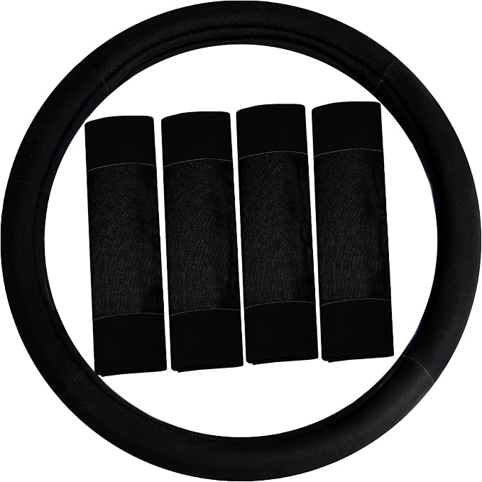 FH Group Automotive Seat Covers Unique Flat Cloth Black Full Set, Combo Steering Wheel Cover and Seat Belt Pads Rear Solid Bench Universal Fit for Vans Cars Trucks and SUV Interior Accessories