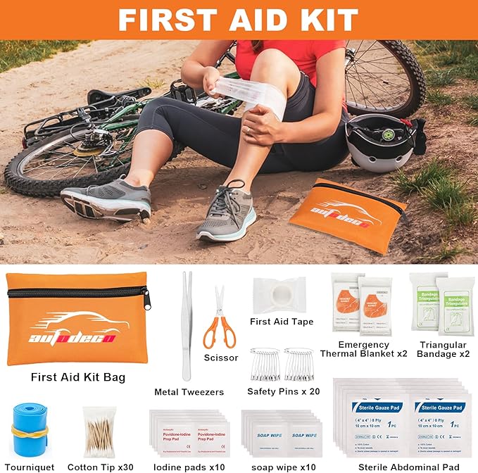 AUTODECO 131 Pieces Car Emergency Safety Kit Bag with Air Compressor Jumper Cable Tire Pressure Gauge Roadside Emergency Car Kit for Vehicles