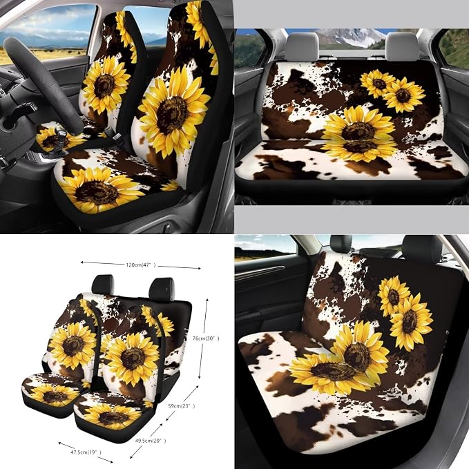 Wanyint Sunflower Brown Cow Print 15 PCS Car Seat Cover Full Set, with Steering Wheel Cover Seat Belt Pad Cover Trash Bin Rear View Mirror Cover Cup Holders Keychain Air Vent Storage Holder Car Decor
