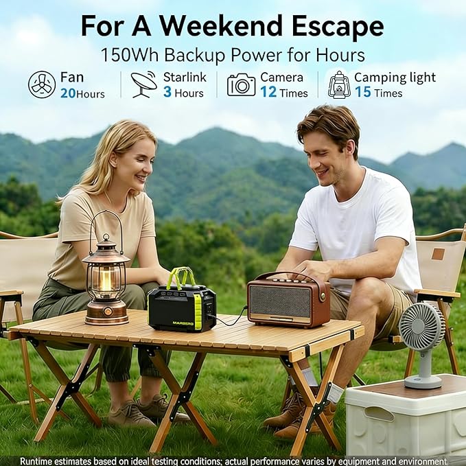 MARBERO Portable Power Station 150Wh Camping Solar Generator Laptop Charger Power Bank with AC Outlet 110V 150W Peak with 4*USB, 4*DC Ports, LED Flashlights for CPAP Home Camping Hurricane Emergency