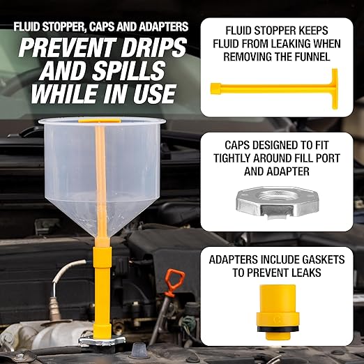 OEMTOOLS No-Spill Coolant Funnel Kit, 15 Piece Fluid and Oil Funnel Set, Allows Access To Hard-To-Reach Radiators