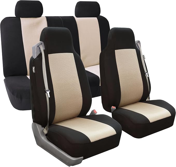 FH Group FH-FB302114 All Purpose Flat Cloth Car Seat Covers Beige/Black Color with F11306 Vinyl Floor Mats, Beige/Black Color - Fit Most Car, Truck, SUV, or Van