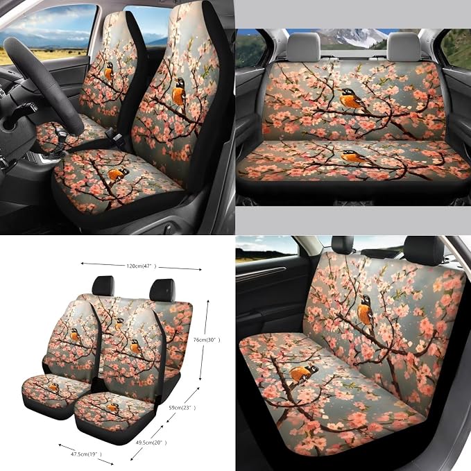 Robin Bird Cherry Blossom Pattern Car Seat Covers Full Set Steering Wheel Cover Seatbelt Covers Keychain Coasters Trash Bin Air Outlet Pocket Rearview Cover, 15pcs Car Interior