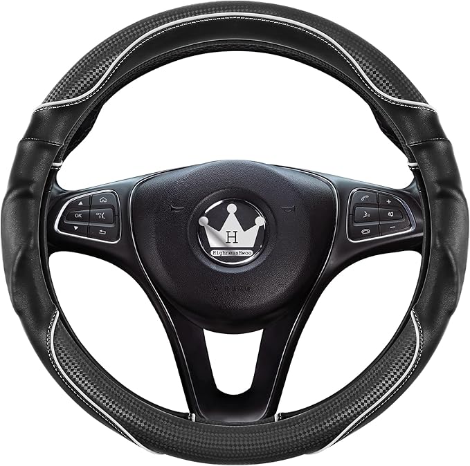 HighnessHwoo 3D Car Steering Wheel Cover Comfort Grip Massage Sporty Anti-Slip Carbon Fiber Faux Leather for F150, Trucks, Jeep, Van, Car Handle Covers for All Seasons, 15.2-16in, White