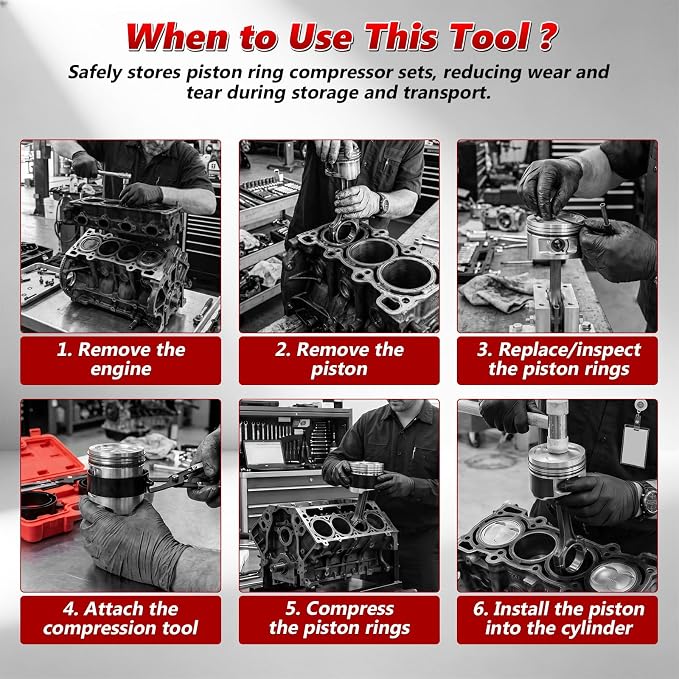 Engines Piston Ring Compressor Tool with Ratchet Pliers & 6 Piston Rings (2-7/8“ - 4-3/8”) Installation and Removal Kit for Car, Truck & Motorcycle Engines