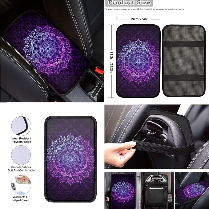 8 Pcs Purple Mandala Floral Car Seat Covers Full Set Car Accessories for Women Front Seat Cover Steering Wheel Armrest Cover Seat Belt Cover for Auto SUV Interior Decoration