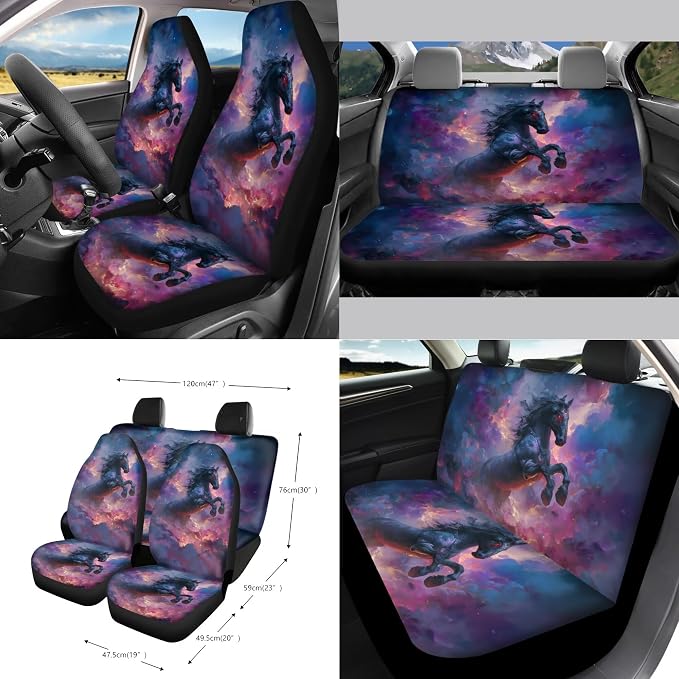 Horse Clouds Print Car Accessories Full Set of 15 Car Seat Covers Steering Wheel Cover Air Vent Storage Holder Seatbelt Strap Pad Cup Coasters Rear View Mirror Cover Keychain