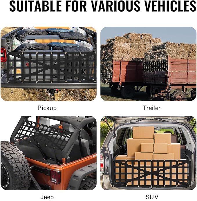 VEVOR Tailgate Net for Truck Bed, 54 in x 18 in, Cargo Net Durable with 4 Adjustable Buckle Straps, Cross-Reinforced Design, Extendable & Durable, Suitable for Truck, Trailer, Pickup, Boat, Jeep, SUV