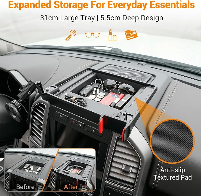 Dashboard Phone Holder Compatible with 2015-2020 Ford F150 with Speaker Center Console Organizer Dashboard Phone Multi-Mount Kit for F150 Accessories(f150 2015-2020 w/sub)