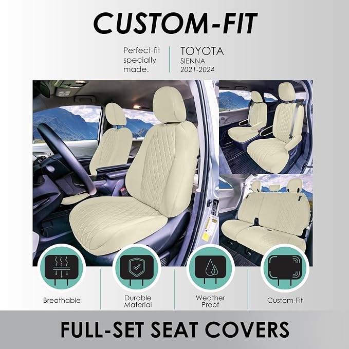 FH Group Custom Fit Car Seat Covers Specifically Made for Toyota Sienna 2021-2024, Solid Beige Ultraflex Neoprene Full Set Automotive Seat Covers, 7 Seater SUV Seat Covers, Toyota Accessories