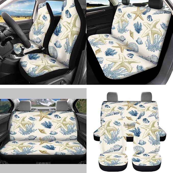 Beach Starfish 15 PCS Car Seat Cover Set with Auto Steering Wheel Cover Seat Belt Strap Protector Cup Holder Trash Bag Rear View Mirror Protector Keychain