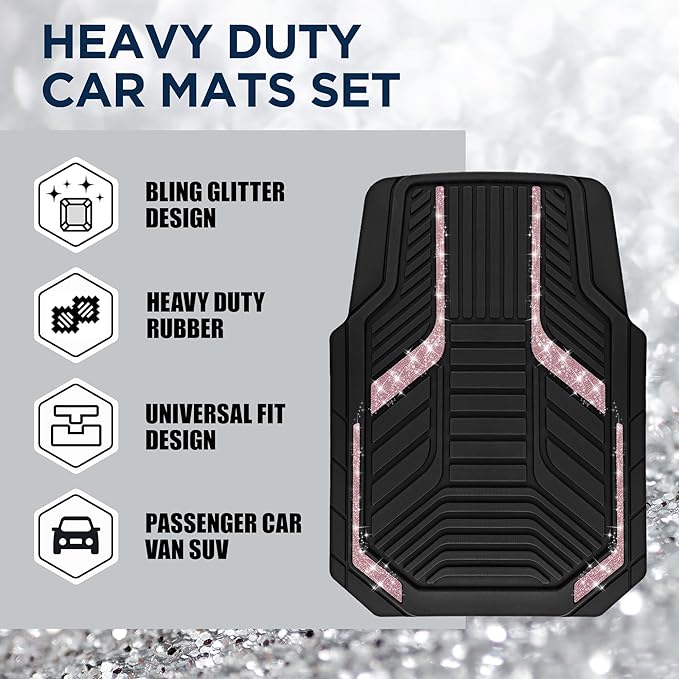 PIC AUTO Car Floor Mats, Pink Sparkly Crystal Bling Glitter Car Mats Set, Front and Rear Heavy Duty Rubber Car Mats with Anti-Slip Backing, All Weather, Trim-to-Fit for SUVs, Trucks, Sedan, Vans