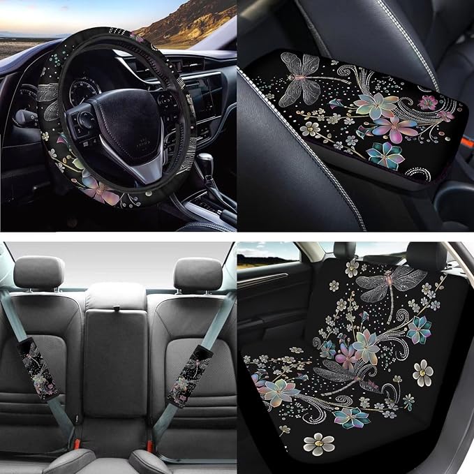 Mumeson Dragonfly Pattern Car Seat Covers Car Accessories Set Car Seat Covers with Sweat Absorption Neoprene Steering Wheel Cover and Safety Seat Belt Cover Car Armrest Box Mats