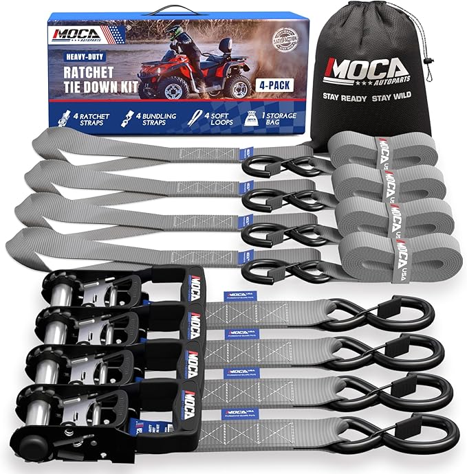 MOCA Gray Heavy Duty Ratchet Tie Down Straps - 5,200 Lbs Breaking Strength 1.6" x 8', Includes 4 Heavy Duty Ratchet Padded Handles & Coated Chromoly S Hooks & 4 Soft Loop Tie-Downs