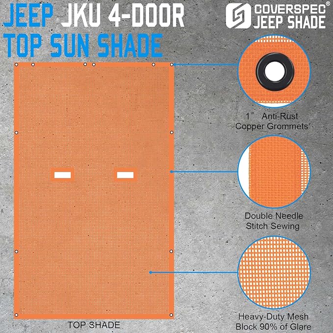 JK Sun Shade Top Compatible with Jeep Wrangler 4 Door 2007 to 2018 Sunshade Sunroof Bikini Cover Blocks UV Wind Noise Orange Mesh for Full Length