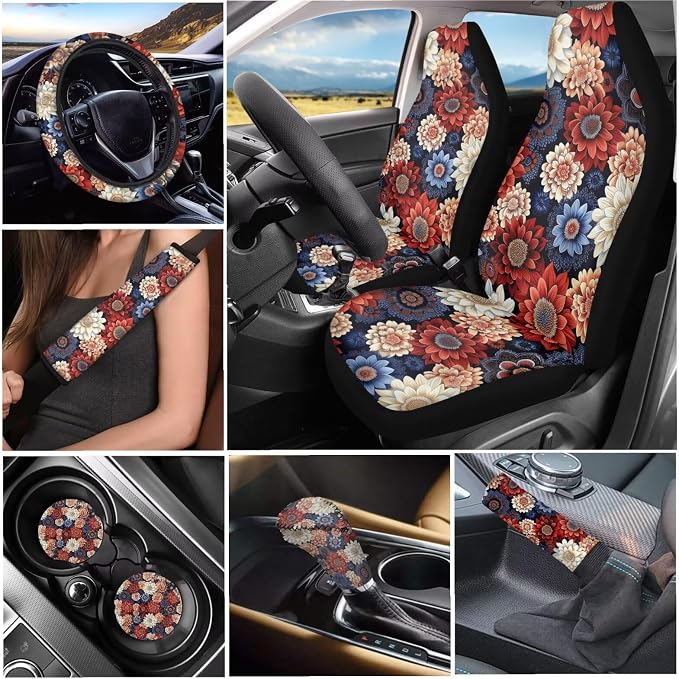 Tupalatus 9 Pieces Bohemian Flower Car Seat Covers 2 Front Seats Universal Fit Steering Wheel Cover Auto Seat Belt Cover Coasters Gear Shift Cover Hand Brake Cover Car Interior Accessories