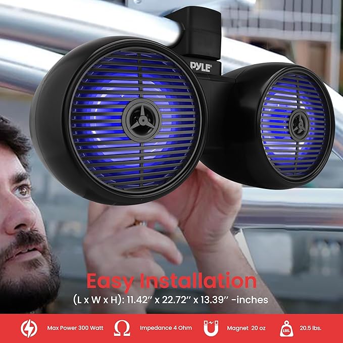 Pyle Dual Waterproof Off-Road Speakers - 6.5" 200W 2-Way Marine Wakeboard Tower Sound System w/LED Light, Full Range Outdoor Stereo Speaker for Car, ATV, UTV, Jeep, Boat, Includes Brackets (Black)